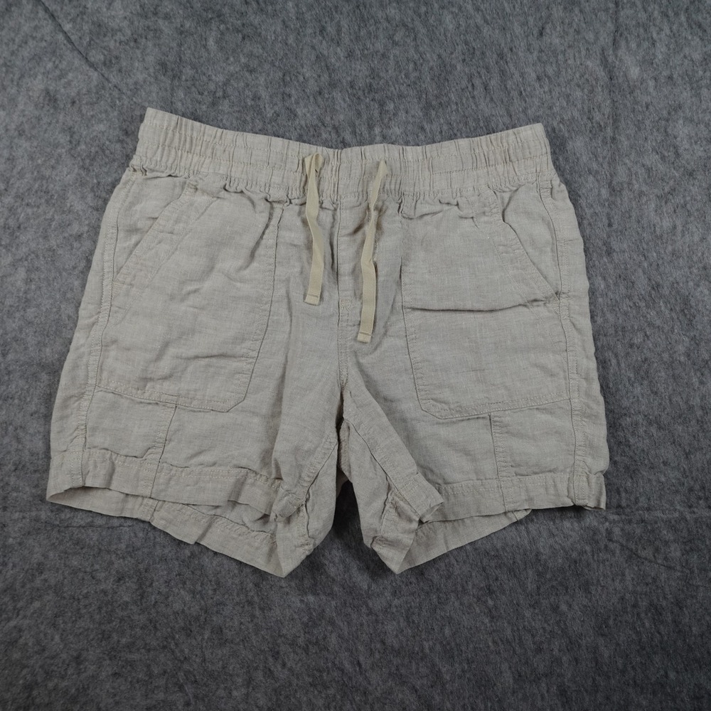 LL Bean Short Womens 10 Tan Premium Washable Linen Elastic Waist Utility Pockets